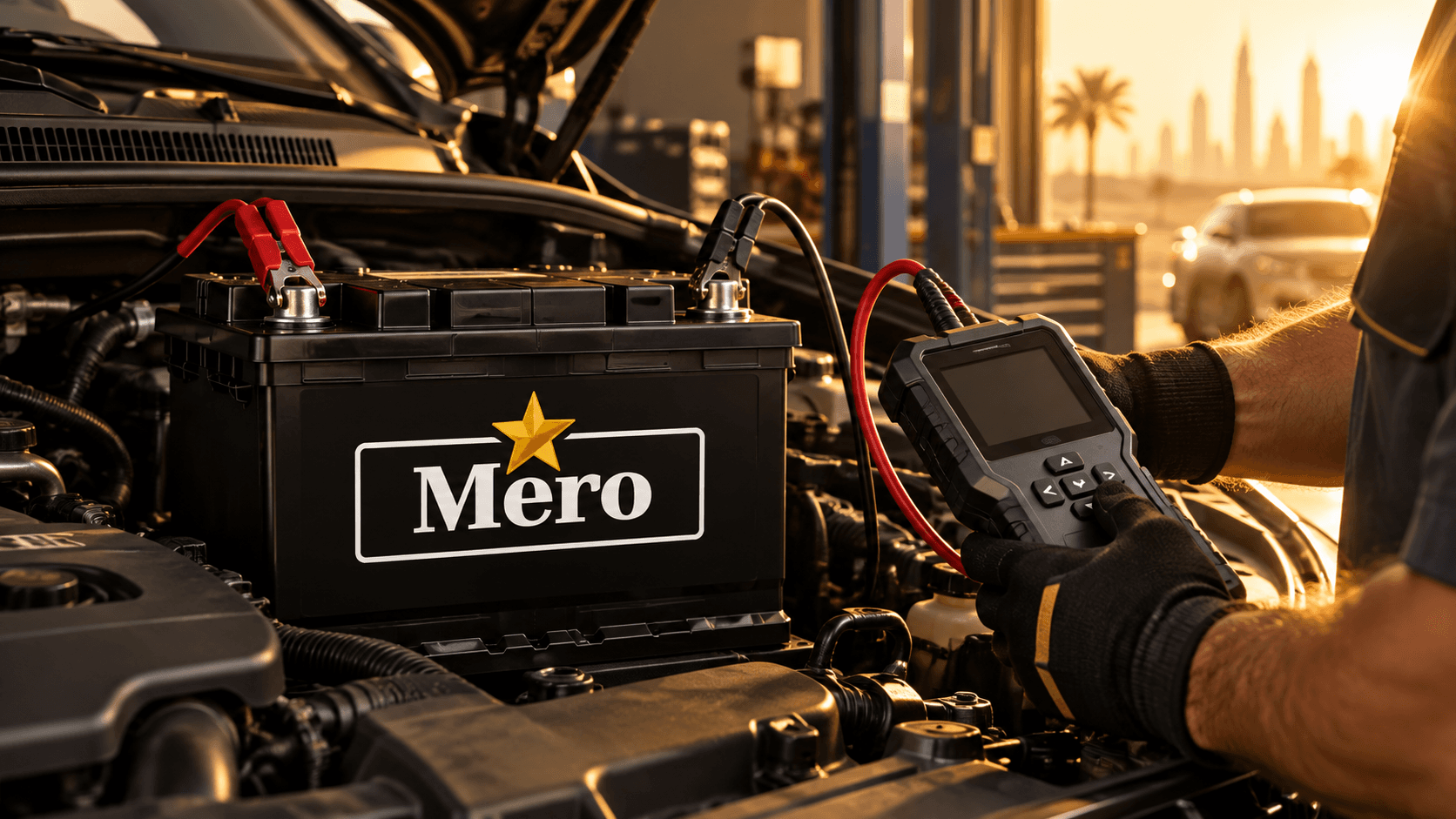 فحص بطارية Mero بجهاز قياس داخل حجرة المحرك