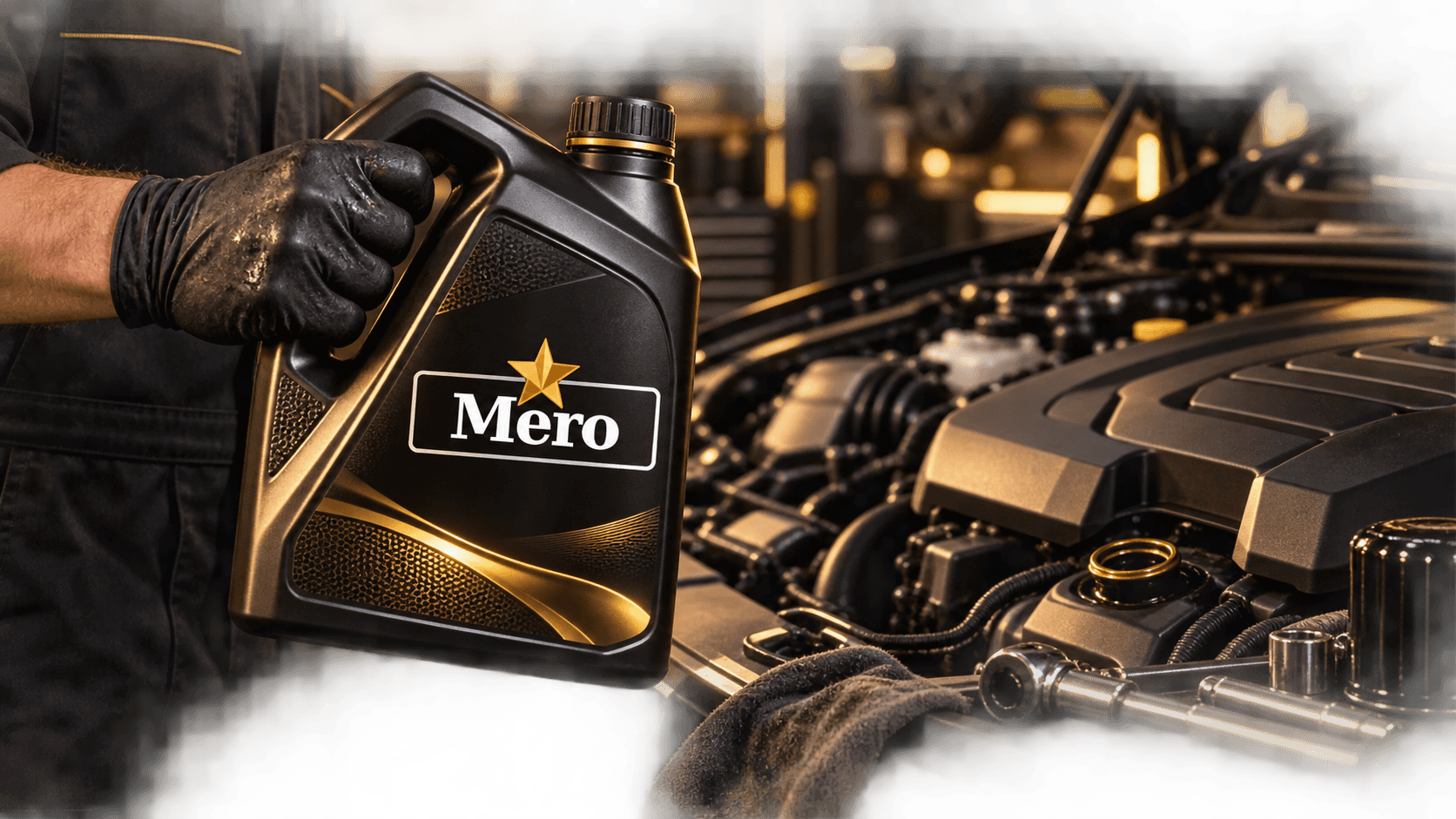 Technician holding Mero engine oil beside a vehicle in a workshop