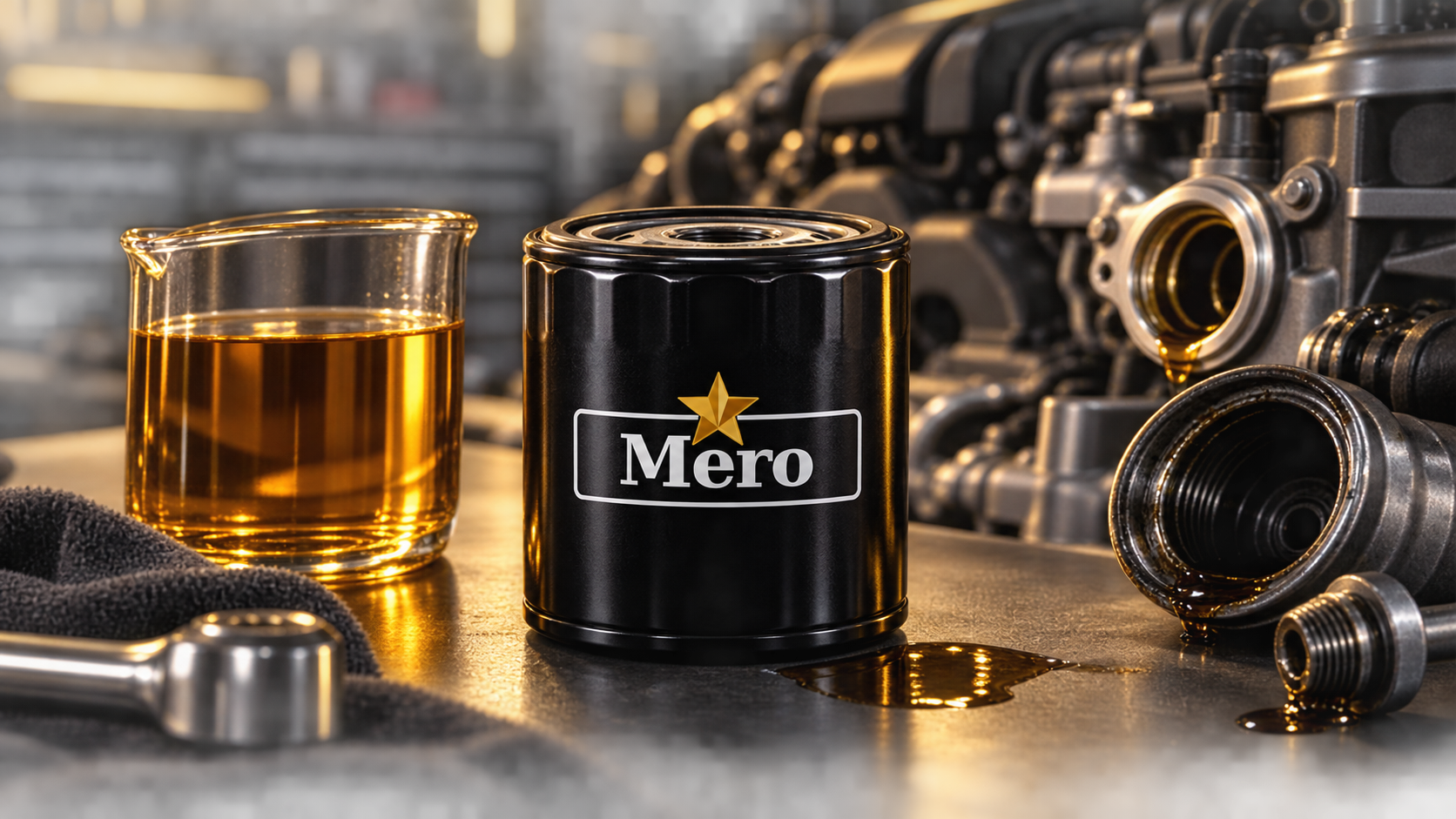 فلتر زيت Mero وزيت محرك بجوار مكونات المحرك