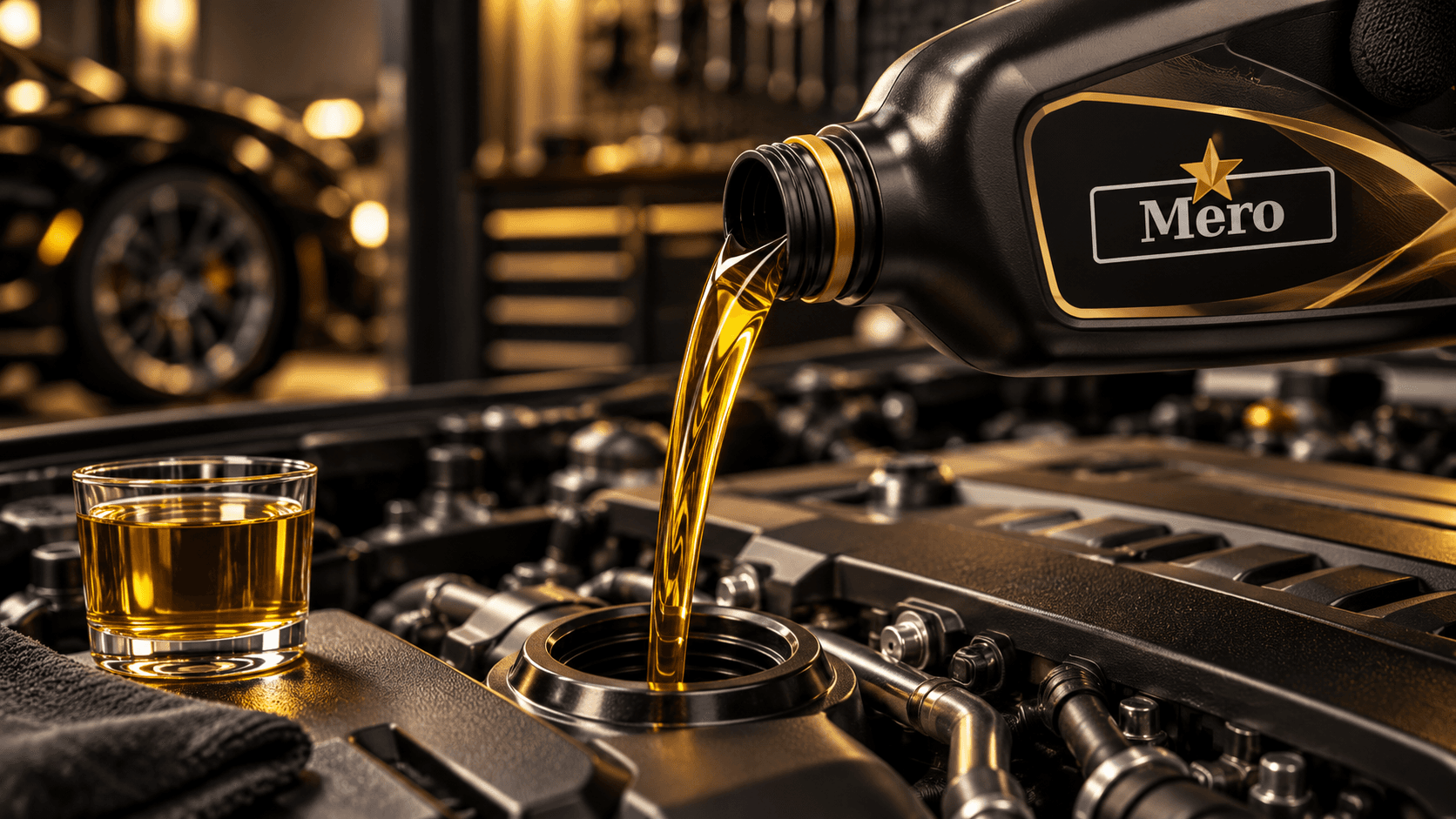 Mero engine oil being poured into a modern vehicle engine