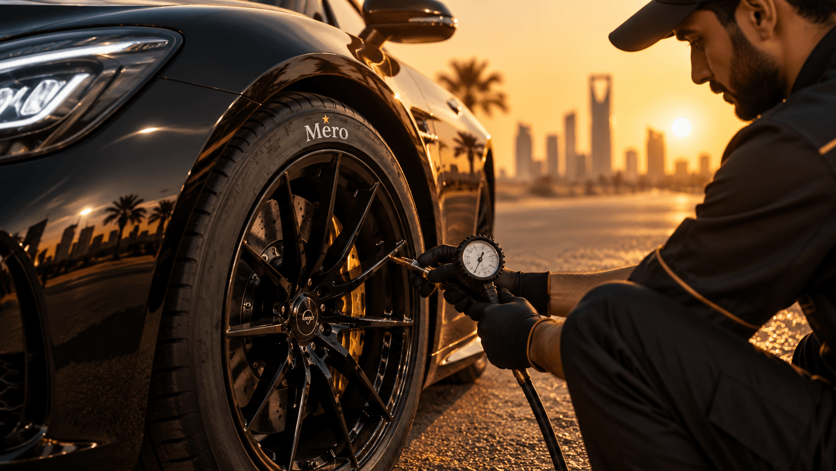 Technician checking the pressure of a Mero tire in a modern workshop